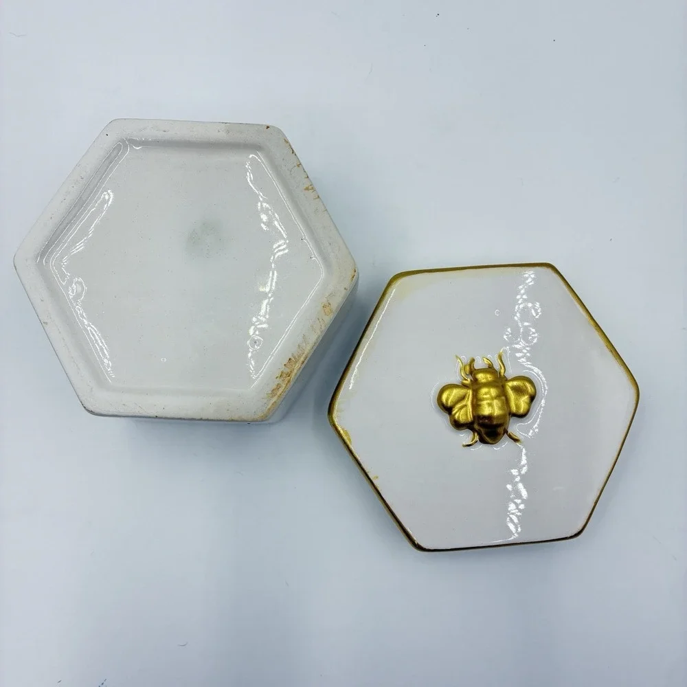 White Gold Trinket Jewelry Vanity Holder Box With Bee Hand Painted Octagon Shape